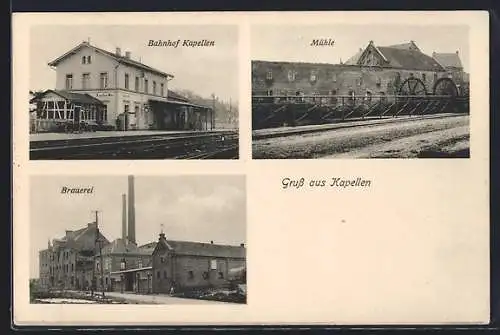 AK Kapellen / Erft, Bahnhof / Bahnsteig von den Schienen gesehen, Brauerei, Mühle