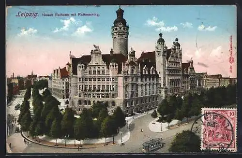 AK Leipzig, Neues Rathaus mit Rathausring, Strassenbahn