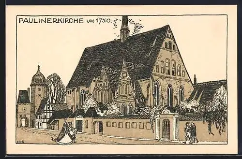 Steindruck-AK Leipzig, Paulinerkirche im 1750