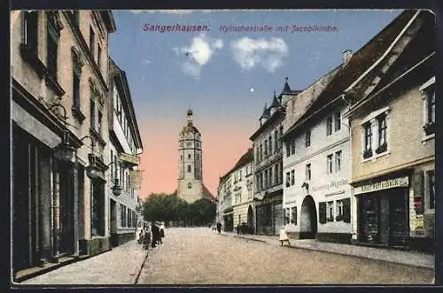 AK Sangerhausen, Kylischestrasse mit Geschäften und Jacobikirche