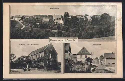 AK Grössnitz, Totalansicht, Gasthof von E. Glocke, Dorfstrasse