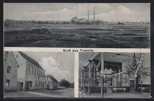 AK Trebnitz / Halle, Gasthaus zu Trebnitz, Tanzsaal, Panorama mit Fabrik