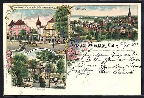 Lithographie Eutin, Wohnhaus d. Dichters Joh. Heinr. Voss, Kutsche, Gartenansicht, Blick über den Ort, Blumenverzierung