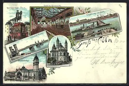 Lithographie Köln, Saal im Gürzenich, St. Apostelkirche, Schiffbrücke und Deutz