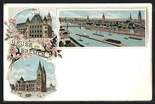 Lithographie Bremen, Dom, Gerichtsgebäude, Ortsansicht