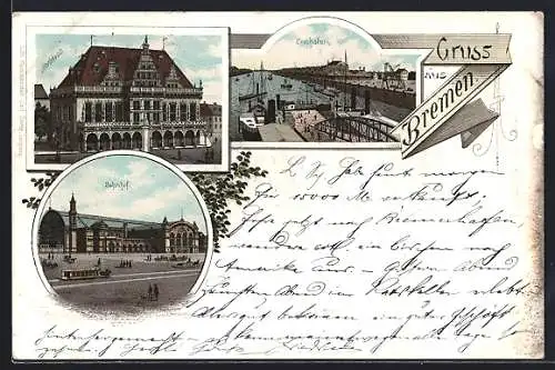 Lithographie Bremen, Bahnhof, Rathaus, Freihafen