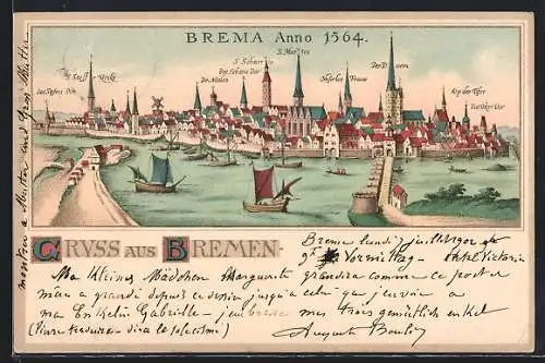 Lithographie Bremen, Stadt Anno 1564 mit Dom und Oster-Dor, Merian