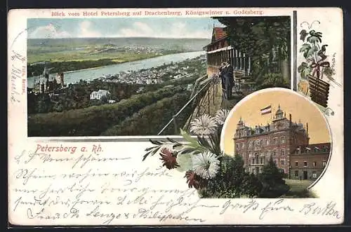 AK Petersberg a. Rhein, Hotel Petersberg mit Blick auf Drachenburg, Königswinter und Godesberg