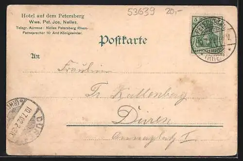 AK Petersberg a. Rhein, Hotel Petersberg mit Blick auf Drachenburg, Königswinter und Godesberg