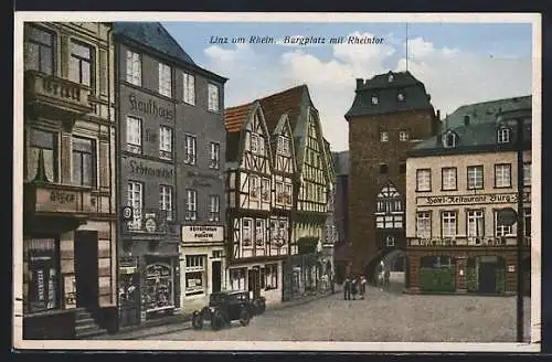 AK Linz a. Rhein, Burgplatz mit Rheintor, Hotel-Restaurant