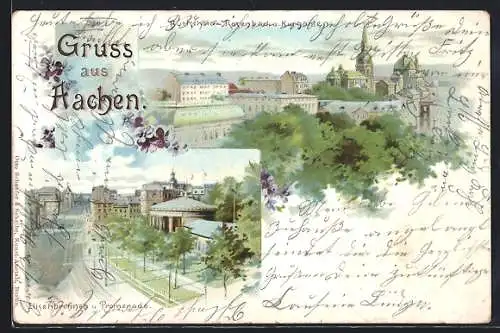 Lithographie Aachen, Burtscheid-Rosenbad u. Kurgarten, Elisenbrunnen u. Promenade