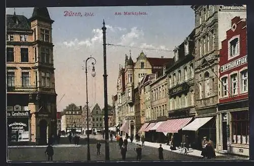 AK Düren, Partie am Marktplatz mit Ladengeschäften