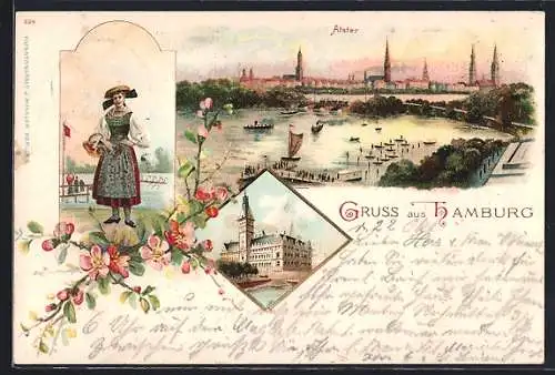 Lithographie Hamburg, Blick auf die Alster, Hamburger Rathaus und Vierländerin im Trachtenkleid