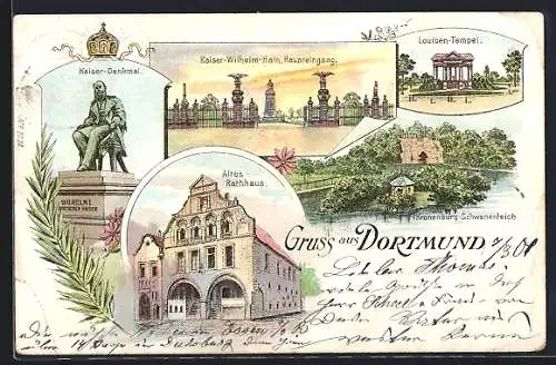 Lithographie Dortmund, Kaiser-Wilhelm-Hain Haupteingang, Kaiser-Denkmal, altes Rathaus, Louisen-Tempel