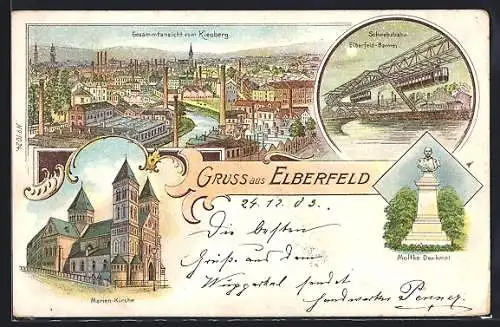 Lithographie Elberfeld, Gesamtansicht v. Kiesberg, Schwebebahn, Moltkedenkmal und Marien-Kirche