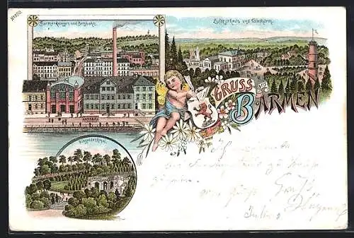 Lithographie Barmen, Blick auf Barmer Anlagen und Bergbahn, Ringeldenkmal