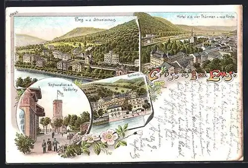 Lithographie Bad Ems, Ems mit dem Schweizerhaus, Hotel z.d. vier Thürmen und neue Kirche, Restauration a.d. Bederley