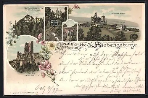 Lithographie Königswinter, Ruine Drachenfels, Eisenbahn, Drachenburg, Restauration auf dem Drachenfels