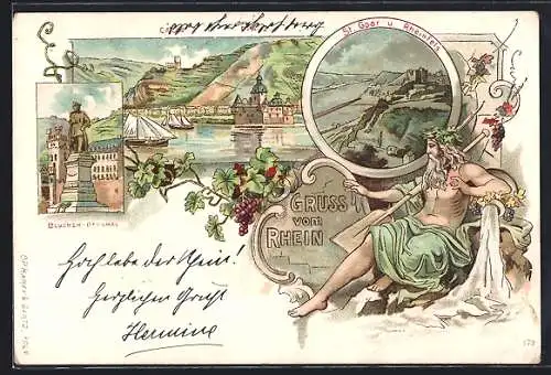 Lithographie Caub / Rhein, Ortsansicht mit Pfalz, Blücher Denkmal, St. Goar und Rheinfels, Vater Rhein