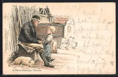 Lithographie Rommelshausen /Remsthal, Bauer in Tracht mit Enkel, Hund und Gänsen vor seinem Hof