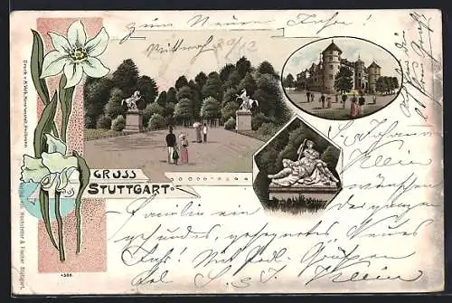 Lithographie Stuttgart, Denkmal und Partie im Park