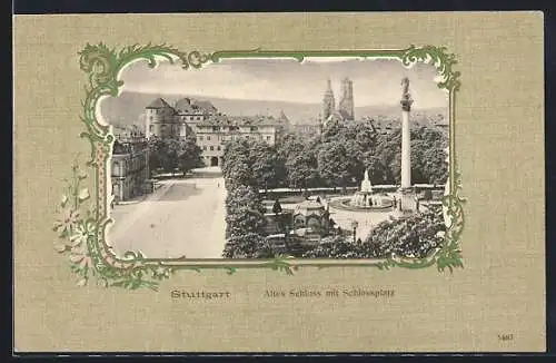 AK Stuttgart, Altes Schlossplatz mit Schlossplatz im Passepartout