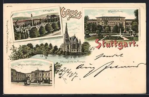 Lithographie Stuttgart, Johanniskirche am See, Polytechnikum, Schlossplatz