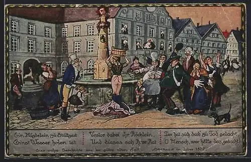 Künstler-AK Hans Boettcher: Stuttgart, Marktplatz, Männer und Frauen umringen den Brunnen um Wasser zu holen, Dackel