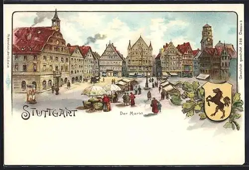 Lithographie Stuttgart, Der Markt und Wappen