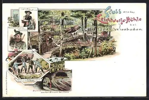 Lithographie Wiesbaden, Leichtweiss-Höhle, Spaziergänger um 1900