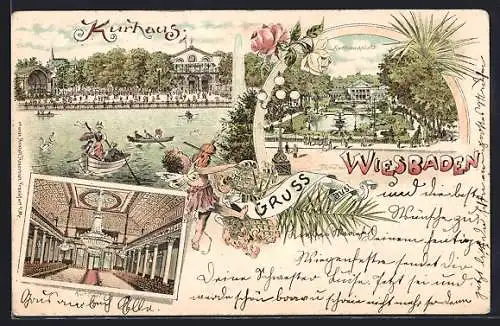 Lithographie Wiesbaden, Kurhaus, Aussen- und Innenansicht, Kurhausplatz