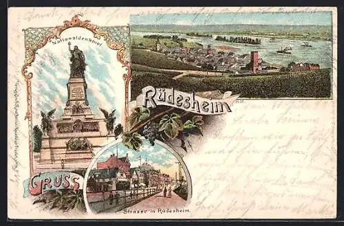 Lithographie Rüdesheim, Nationaldenkmal a. d. Niederwald, Strassenpartie, Ortsansicht mit Weinbergen