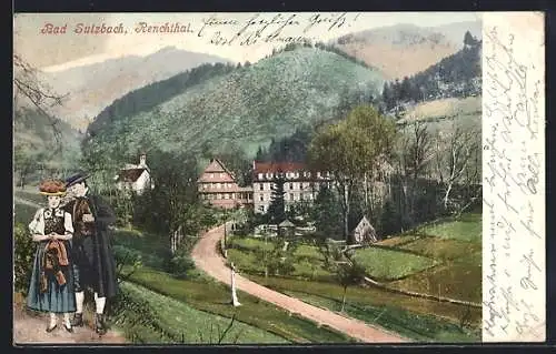 AK Bad Sulzbach i. Renchthal, Ortsansicht mit Paar in Tracht