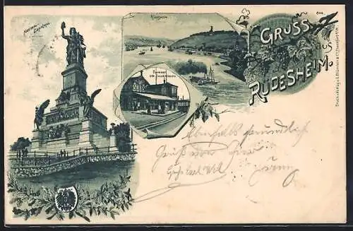 Lithographie Rüdesheim / Rhein, National Denkmal, Bahnhof, Ortsansicht