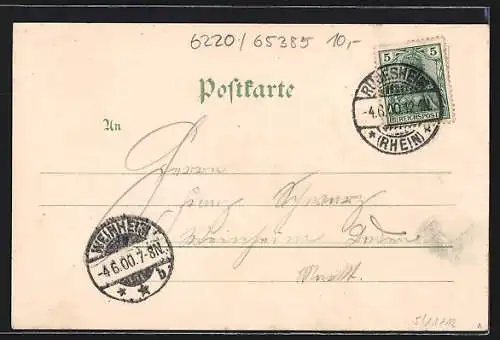 Lithographie Rüdesheim / Rhein, National Denkmal, Bahnhof, Ortsansicht