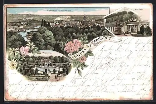 Lithographie Cannstatt, Ortsansicht vom Rosenstein aus gesehen, Blick auf Kursaal und Wilhelma
