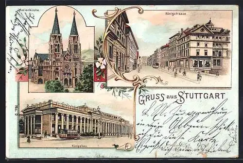 Lithographie Stuttgart, Marienkirche, Königstrasse u. Königsbau