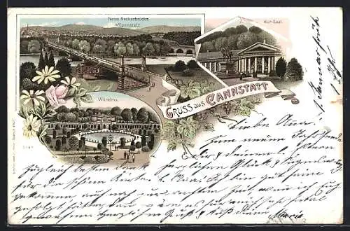 Lithographie Cannstatt, Wilhelma, Kur-Saal, Neue Neckarbrücke bei Cannstatt