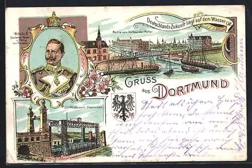 Künstler-AK Dortmund, Schiffshebewerk Oberwiese, Partie vom Dortmunder Hafen, Kaiser Wilhelm II.