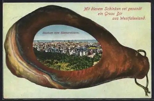 Passepartout-AK Bochum, Ortsansicht vom Bismarckturm, Westfälischer Schinken
