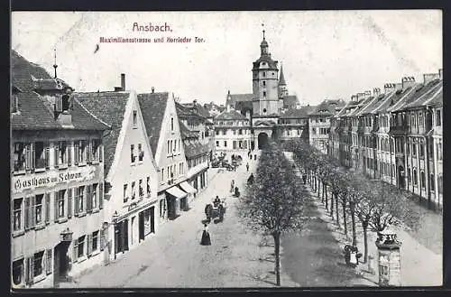 AK Ansbach, Maximiliansstrasse und Herrieder Tor, Gasthaus zum Schwan