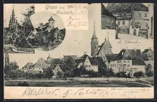 AK Ansbach, Strassenpartie, Gumbertuskirche, Totalansicht