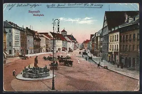 AK Bayreuth, Marktplatz mit Denkmal und Pferdekutschen