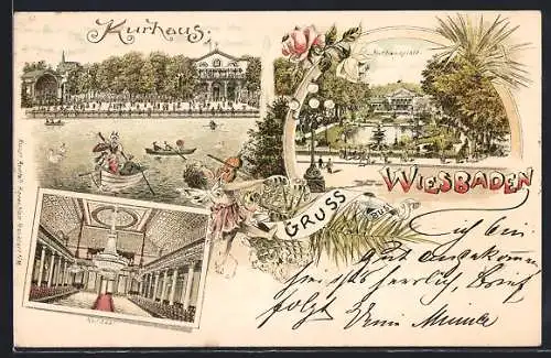 Lithographie Wiesbaden, Ansichten vom Kurhaus, Kursaal