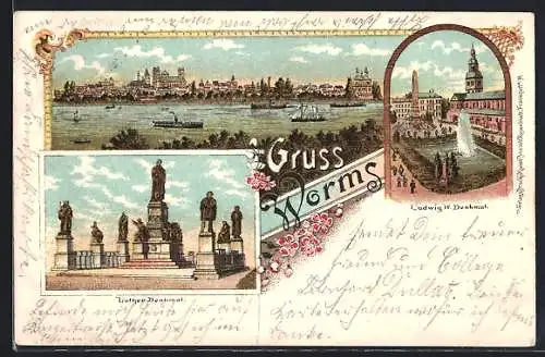 Lithographie Worms, Gesamtansicht, Ludwig IV. Denkmal, Lutherdenkmal