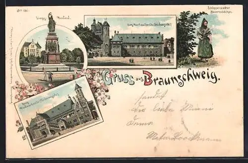 Lithographie Braunschweig, Burg Dankwarderode, Schöppenstedter Bauernmädchen, Siegerdenkmal