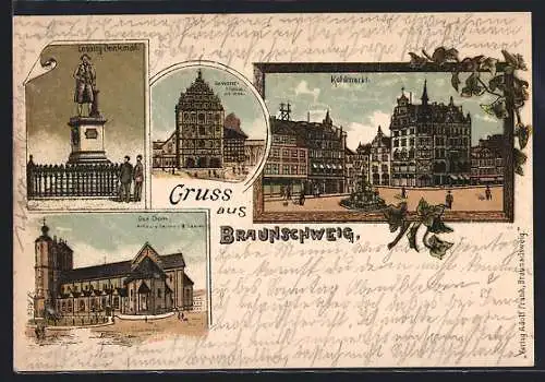 Lithographie Braunschweig, Lessing-Denkmal, Gewandhaus, Dom, Kohlmarkt