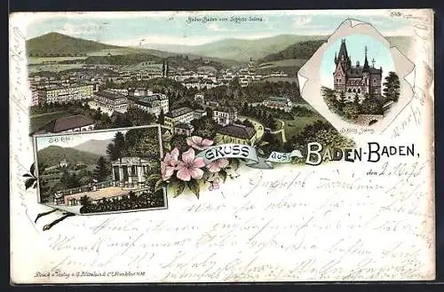 Lithographie Baden-Baden, Schloss Solms, Am Echo, Blick über die Stadt