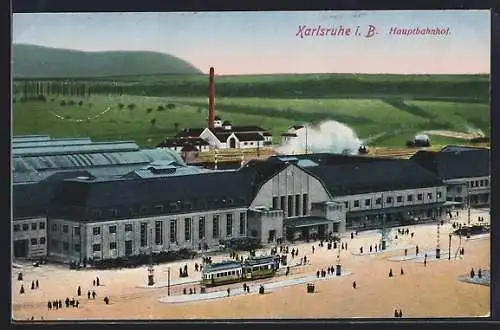 AK Karlsruhe i. B., Hauptbahnhof mit Strassenbahn