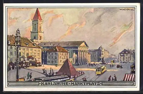 Künstler-AK sign. W. Hempfing: Karlsruhe, Blick auf den Marktplatz